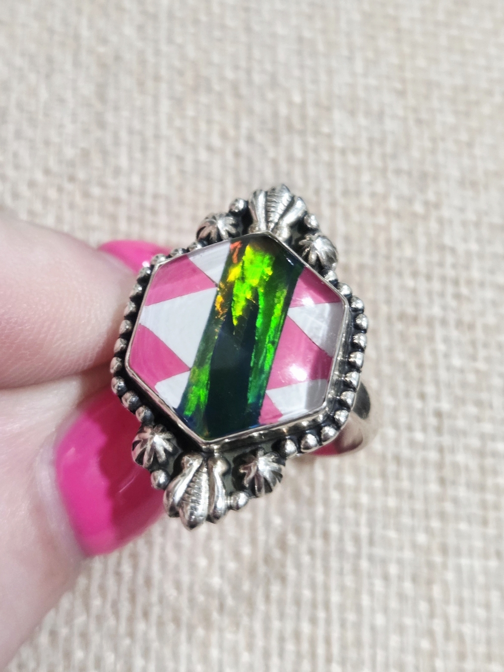 Silver Statement Ring with Aurora Opal And Inlay~size 9